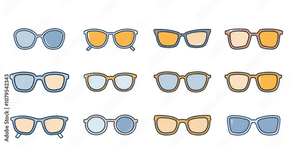 Set of 12 different colored glasses. The glasses are all different shapes and sizes. The glasses are all lined up in a row Set of 12 different colored glasses. The glasses are all different shapes and sizes. The glasses are all lined up in a row