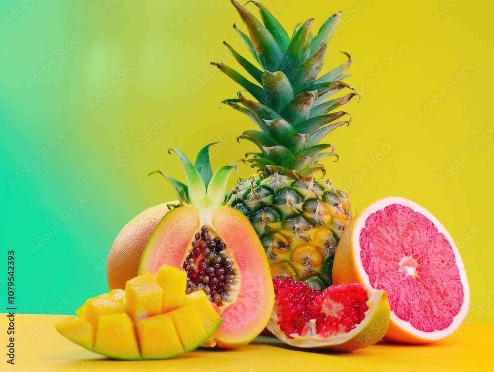 Variety of fruits including a pineapple, a grapefruit, and a mango are displayed on a yellow table