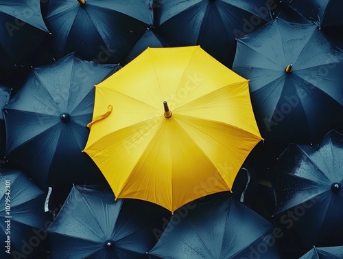 Yellow umbrella is the only one in a group of blue umbrellas. The yellow umbrella stands out against the blue background, creating a sense of contrast and drawing attention to itself