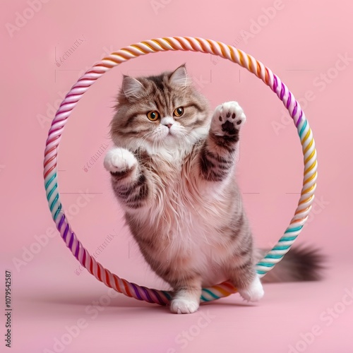 Fluffy cat playing with colorful hoop, cute kitten performing trick on pink background, adorable pet fun and playful mood, animal charm concept photo