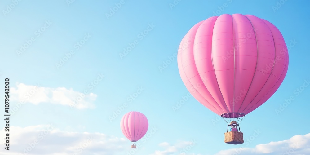 Obraz premium Two pink hot air balloons are flying in the sky. The balloons are filled with air and are floating high above the ground. The sky is clear and blue, with no clouds in sight. The scene is peaceful