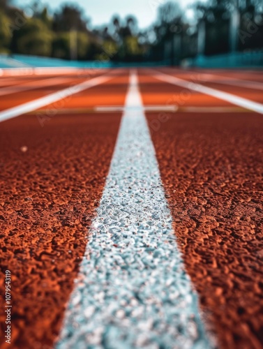 Close up of a track with a white line running down the middle. The track is red and white, and the white line is clearly visible. Concept of focus and precision