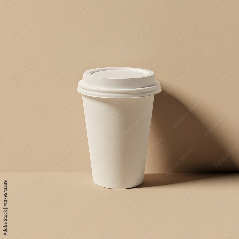 White Disposable Coffee Cup Mockup on Beige Background.