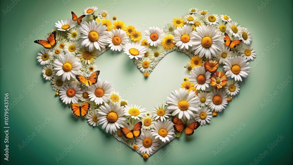 Heart shape filled with daisies and butterflies, heart, shape, daisies, butterflies, love, romantic, nature, spring, summer Heart shape filled with daisies and butterflies, heart, shape, daisies, butterflies, love, romantic, nature, spring, summer