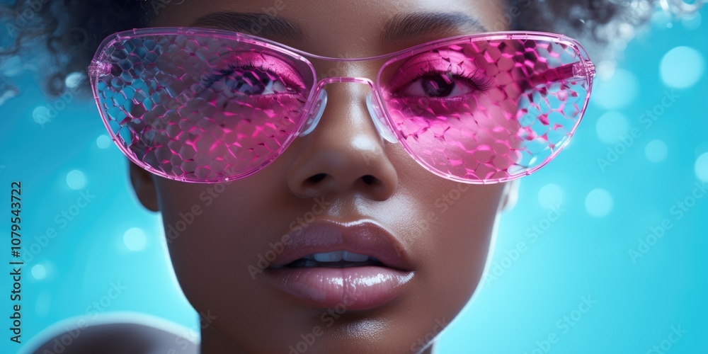 Woman with pink glasses is looking at the camera. The glasses are made of a material that looks like a fishnet. The woman's face is the main focus of the image Woman with pink glasses is looking at the camera. The glasses are made of a material that looks like a fishnet. The woman's face is the main focus of the image