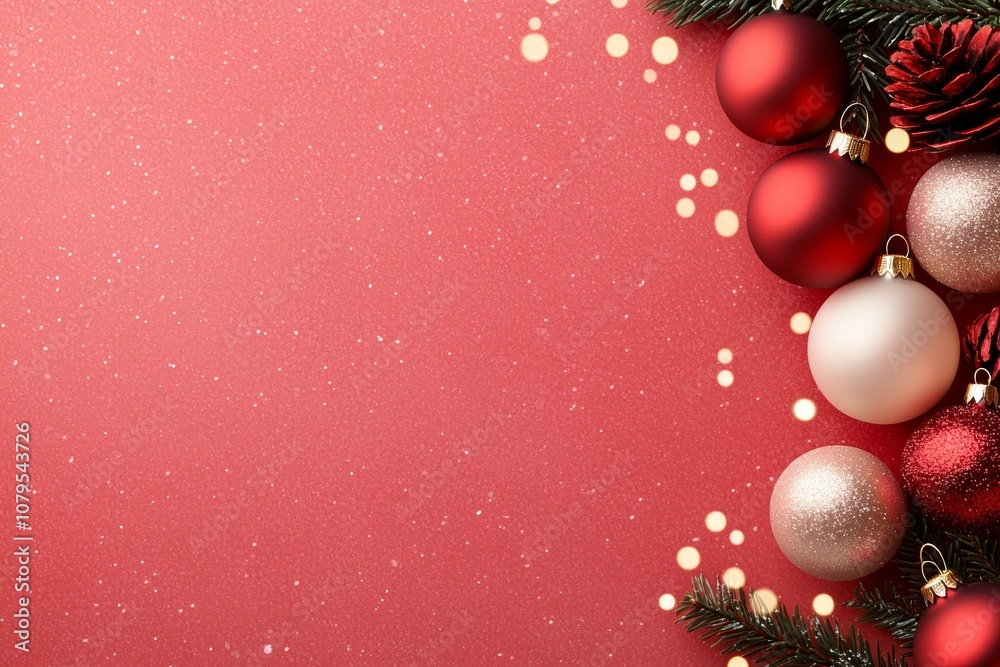 A red and white background with a bunch of Christmas ornaments A red and white background with a bunch of Christmas ornaments