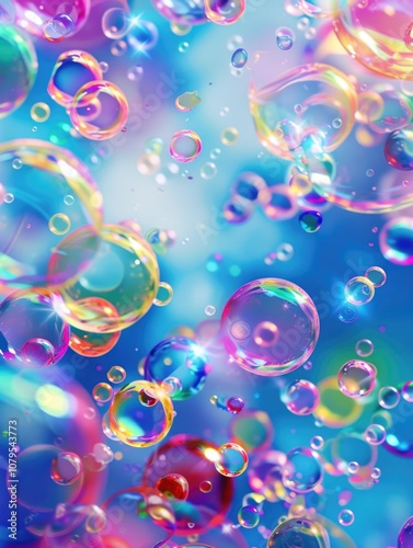 Colorful image of many different colored bubbles floating in the air. The bubbles are of various sizes and colors, creating a vibrant and lively atmosphere. Concept of joy and playfulness