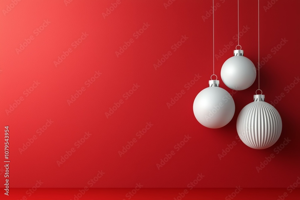 Three white Christmas ornaments hanging from a red background Three white Christmas ornaments hanging from a red background