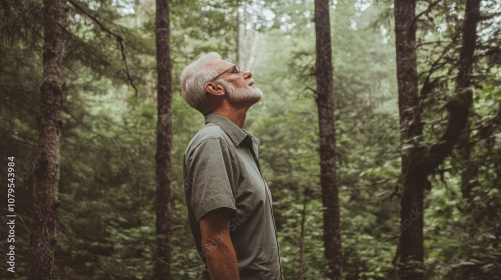 Man is standing in a forest, looking up at the sky. He is wearing glasses and a green shirt. Scene is peaceful and serene, as the man takes a moment to appreciate the beauty of nature Man is standing in a forest, looking up at the sky. He is wearing glasses and a green shirt. Scene is peaceful and serene, as the man takes a moment to appreciate the beauty of nature