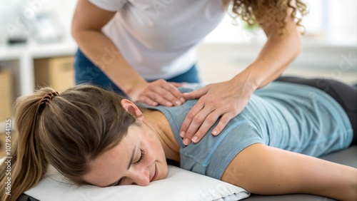 Osteopath working on a woman's upper back in a Osteopathy  chiropractic physio clinic