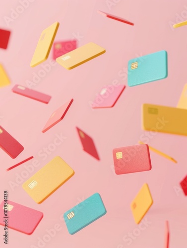 Colorful array of credit cards are flying through the air. The bright colors and the way they are scattered in the air create a sense of excitement and energy