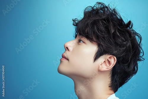 Profile view of young man, curly hair, looking upward isolated on blue, peaceful expression depicting tranquility concept