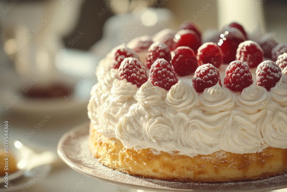 White cake with red raspberries on top. The cake is sitting on a plate and is surrounded by cups and a spoon White cake with red raspberries on top. The cake is sitting on a plate and is surrounded by cups and a spoon