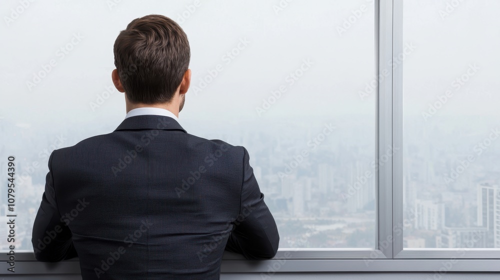 Fototapeta premium Observing urban landscapes a businessman contemplates future success from high-rise office cityscape professional environment thoughtful perspective