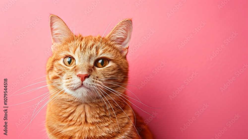Obraz premium Orange tabby cat gazing into distance, pink background, closeup of feline face with whiskers and bright eyes, domestic pet portrait, feline photography concept