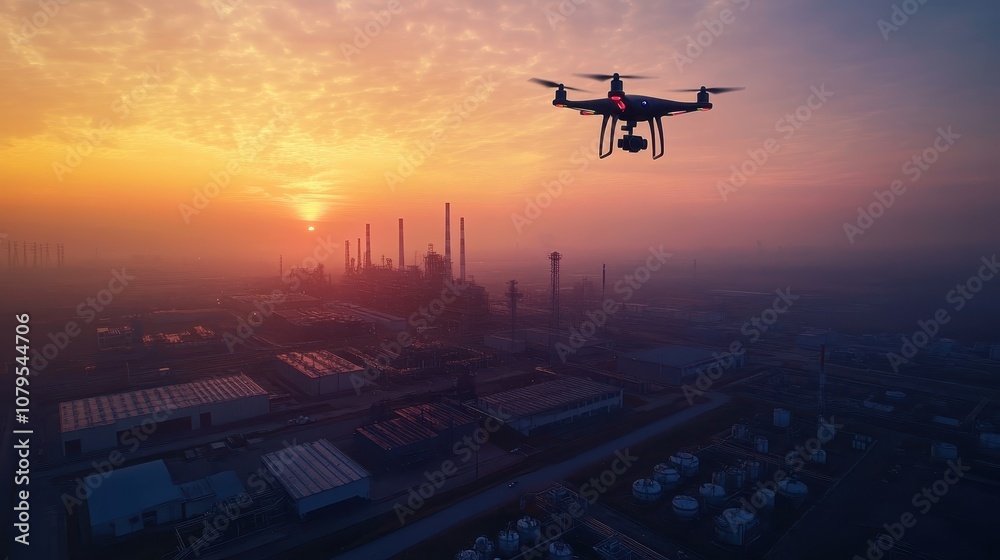 Drone Flying Over Industrial Complex at Sunset with Hazy Sky. Drone Flying Over Industrial Complex at Sunset with Hazy Sky.