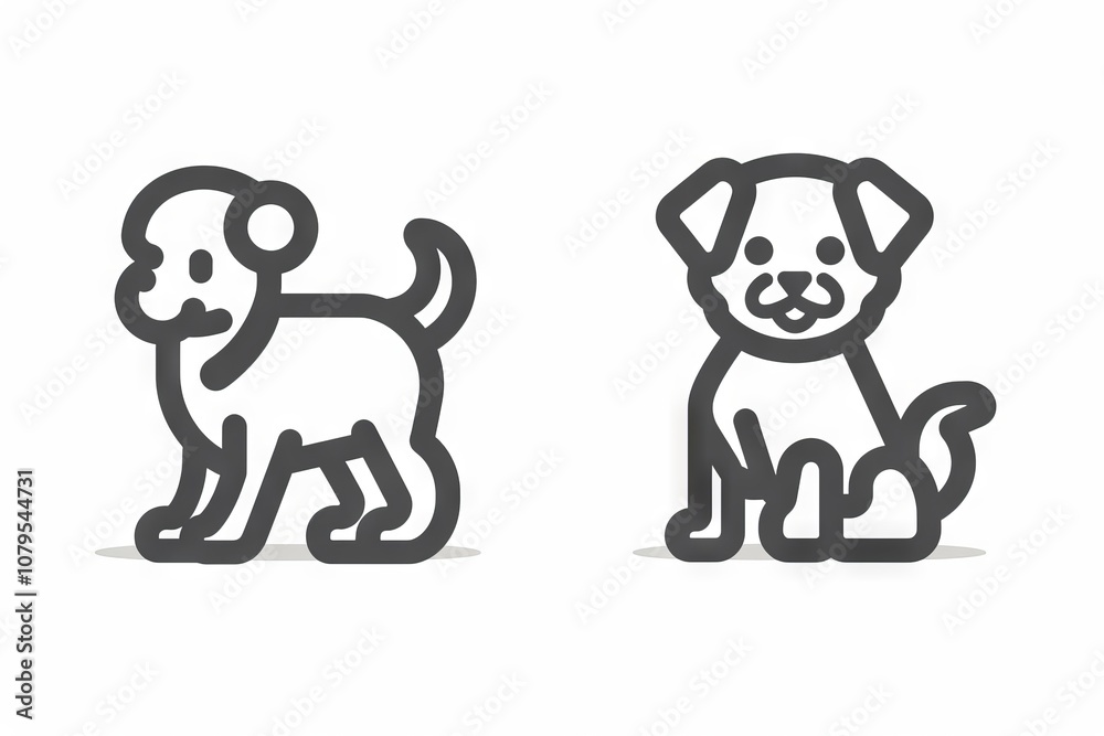 Fototapeta premium Minimalist Icons of Two Cute Dogs, Standing and Sitting, Black and White Illustration, Puppy Graphics Concept