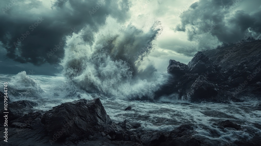 Fototapeta premium Dramatic Ocean Wave Crashing Against Rocky Coastline Under Dark Stormy Sky.