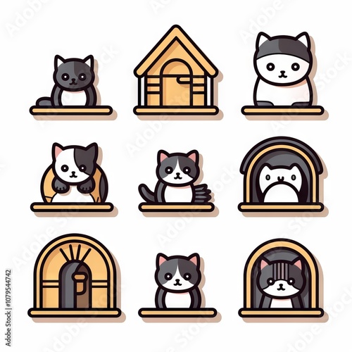 Charming Cat Illustrations with Cozy Houses and Penguins, Cartoon Style Design Concept
