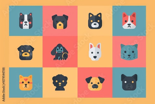 Colorful grid featuring cute cartoon dog and cat faces in vibrant squares animal design illustration concept