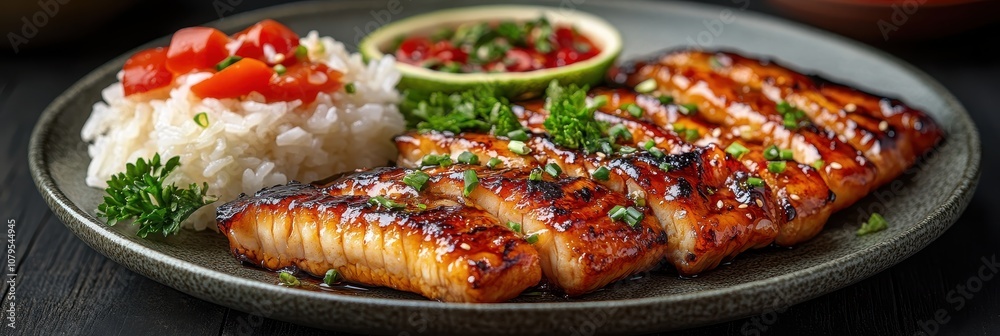 Grilled eel served on a bed of rice, garnished with fresh herbs, showcasing vibrant colors and exquisite presentation Grilled eel served on a bed of rice, garnished with fresh herbs, showcasing vibrant colors and exquisite presentation