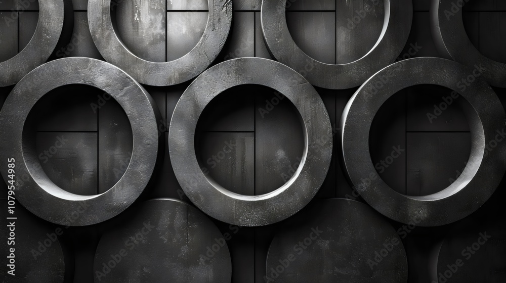 The image is a black and white photo of a series of circles The image is a black and white photo of a series of circles