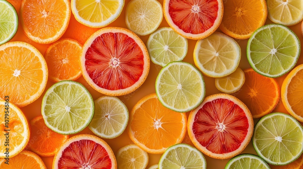 Fresh Sliced Citrus Fruits - Oranges, Grapefruits, Lemons & Limes - Top View Fresh Sliced Citrus Fruits - Oranges, Grapefruits, Lemons & Limes - Top View