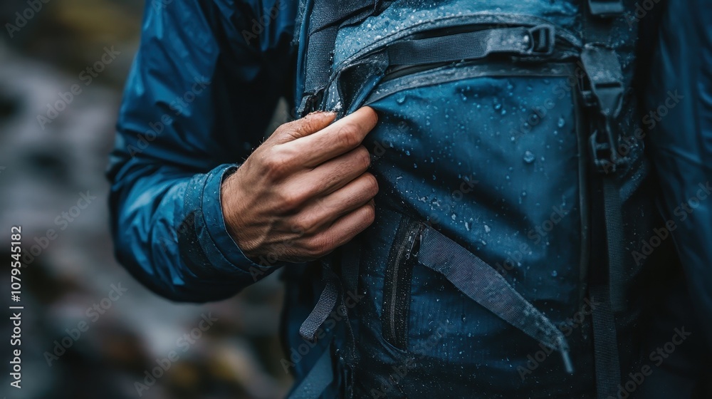 Fototapeta premium Closeup of a Hand Adjusting a Blue Waterproof Backpack with Water Droplets.
