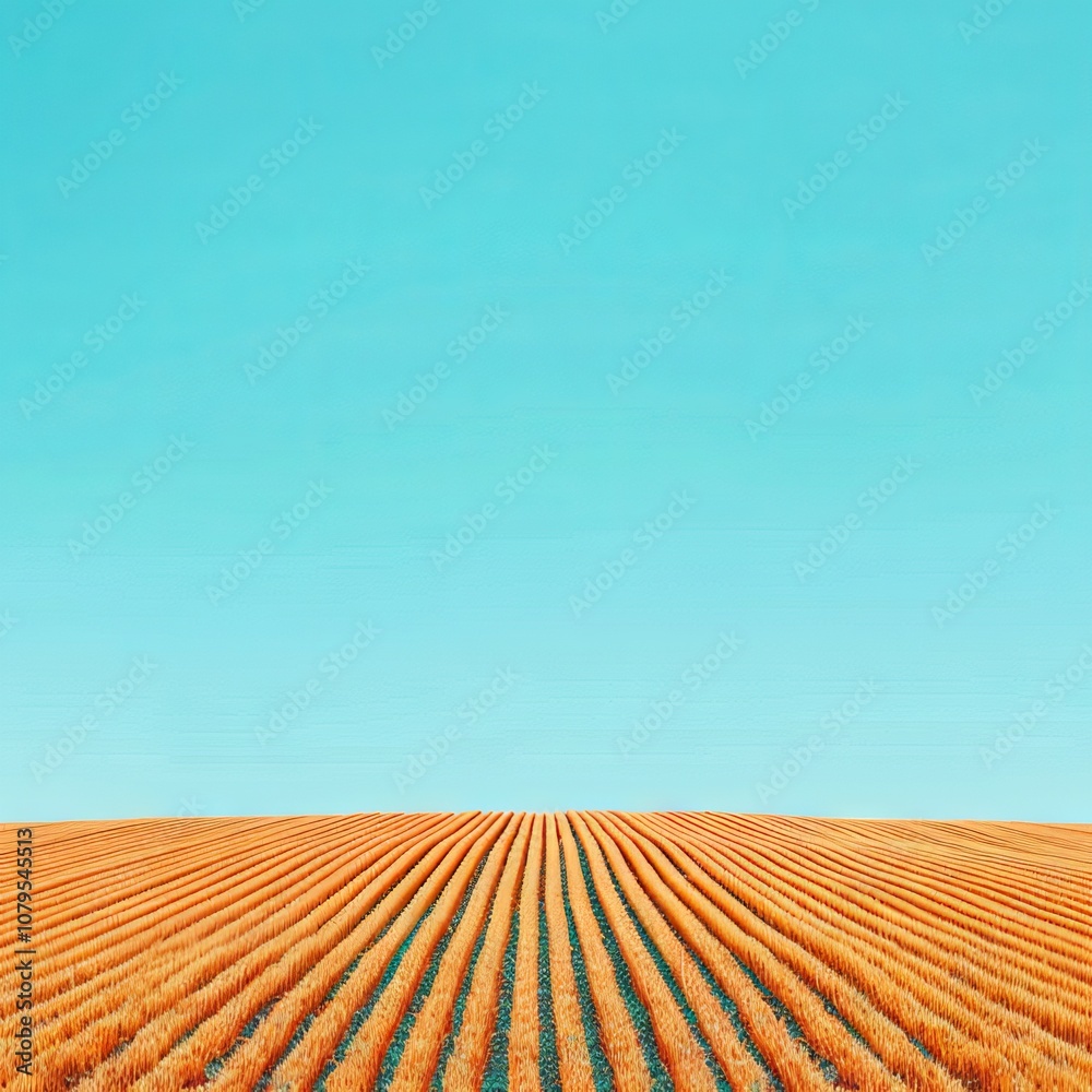 Fototapeta premium Vast wheat field with golden rows under clear blue sky, agriculture landscape and farming texture, nature and growth concept