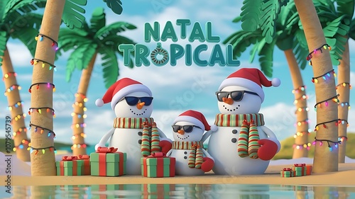 Christmas vibes in tropical weather, a family of snow man on the beach wearing sunglasses with presents around him, christmas, celebraton, holiday season, created with generative ai photo