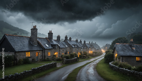 Evening Village View Under Stormy Clouds with Glowing Cottages and Misty Pathways