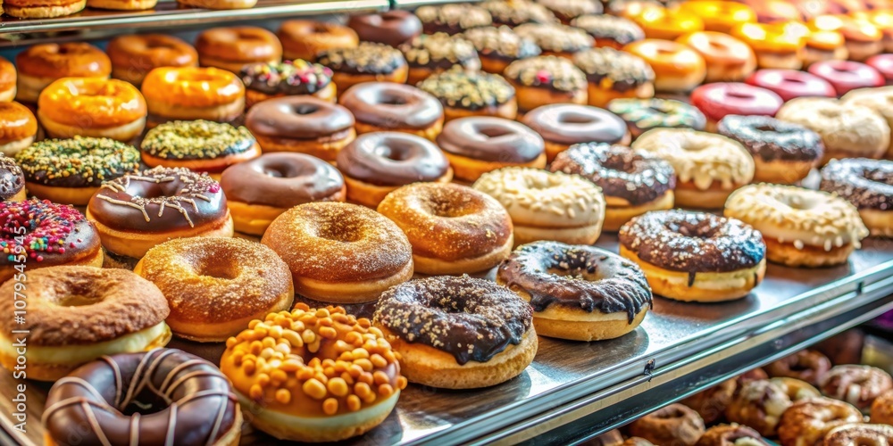 Variety of delicious donuts in a bakery shop, donuts, bakery, sweets, dessert, treats, glazed, frosted, sprinkles