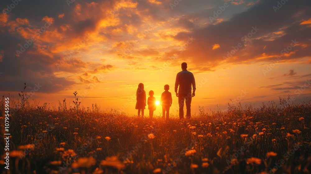 Fototapeta premium A family of four silhouetted against a vibrant sunset, standing in a field of wildflowers.