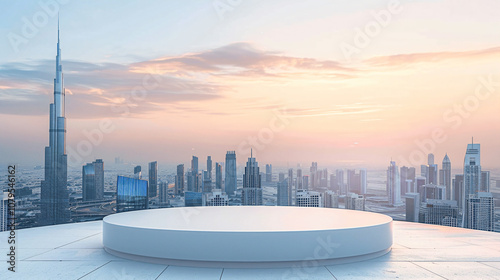 3D Rendering of building deck in city surrounding with many skyscraper towers. For business technology product background, wallpaper