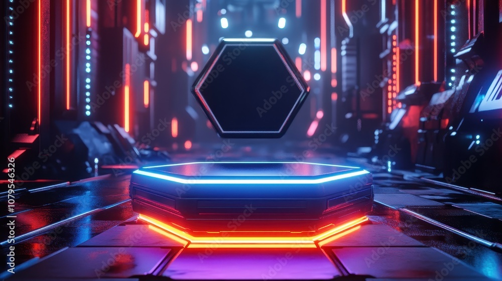 Futuristic Neon Lights and Hexagon Podium in Sci-Fi Cyberpunk Cityscape 3D Rendering. Futuristic Neon Lights and Hexagon Podium in Sci-Fi Cyberpunk Cityscape 3D Rendering.