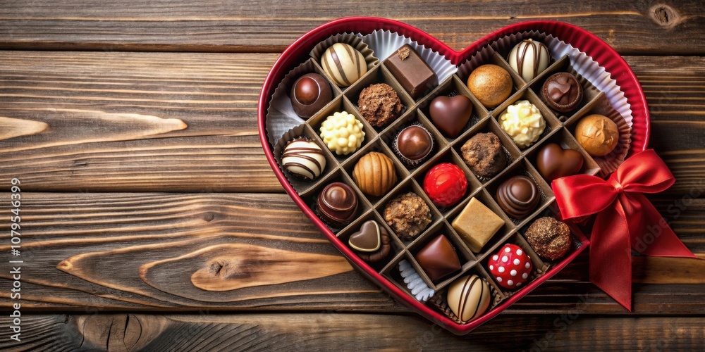 Fototapeta premium Valentine's Day themed chocolate box filled with assorted chocolates, Valentine's Day, love, romance, sweets, treats, gift