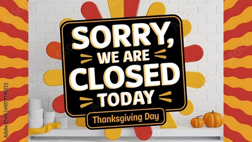 a sign board with typescript 'sorry, we are closed today' 'ThanksGiving Day' against white background, 3d render, poster, banner, vector illustration, created with generative ai photo