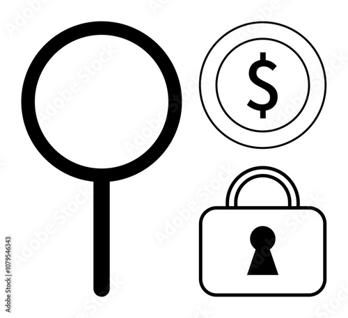 Magnifying glass, dollar sign within a circle, and a padlock with a keyhole. Ideal for finance, security, privacy, banking, investigation online protection digital trust. Line metaphor