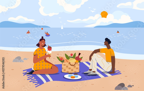 People with picnic by sea. Man and woman with ice cream sitting on sandy beach. Love, passion and romance. Happy couple on romantic date at coastline. Flat vector illustration