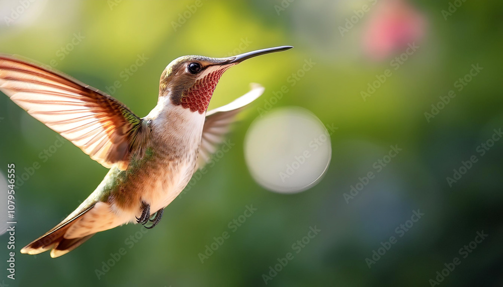 Fototapeta premium Hummingbird isolated with blur green bokeh background