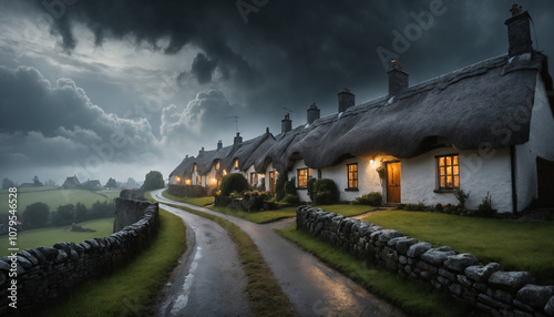 Evening Village View Under Stormy Clouds with Glowing Cottages and Misty Pathways