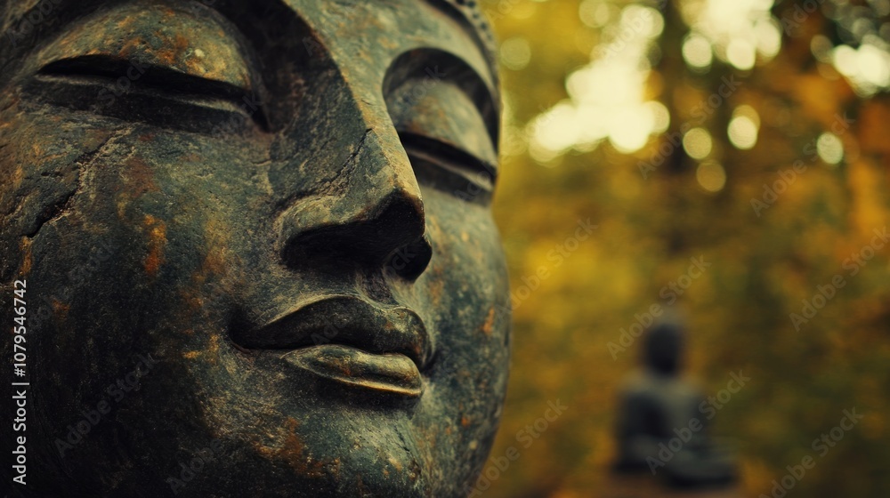A close-up of a serene Buddha statue against a blurred natural backdrop. A close-up of a serene Buddha statue against a blurred natural backdrop.