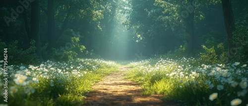 Tranquil summer forest path, vibrant greenery, blooming wildflowers, peaceful atmosphere, inviting nature scene