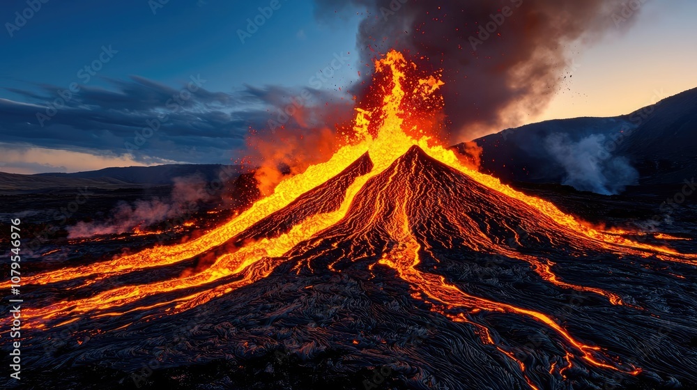 Volcano erupting with flowing lava and smoke against a twilight sky. Volcano erupting with flowing lava and smoke against a twilight sky.