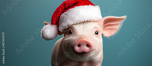 A pig wearing a Santa hat is standing in front of a blue background