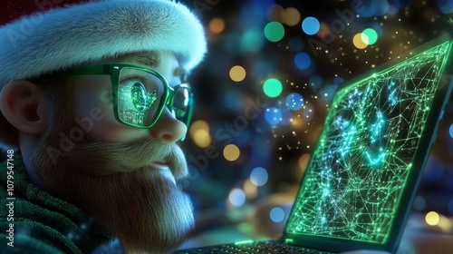 Christmas Tech Elf: Festive digital art of a whimsical elf engrossed in his laptop, surrounded by the warm glow of Christmas lights. A magical, tech-infused Christmas scene. 