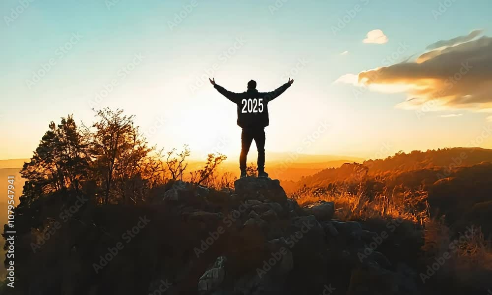 Inspirational Sunset Landscape, Man Standing on Rock Silhouette HD Video, Golden Hour Sunlight