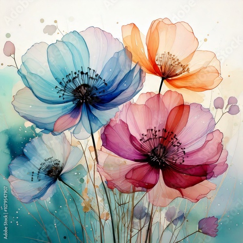 Delicate watercolor flowers illustration with soft pastel colors and intricate floral details
