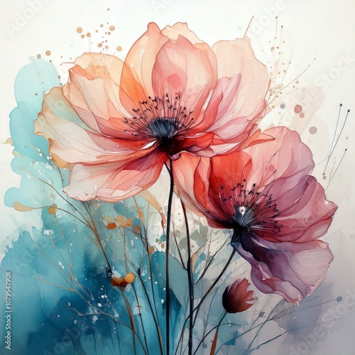 Delicate watercolor flowers illustration with soft pastel colors and intricate floral details