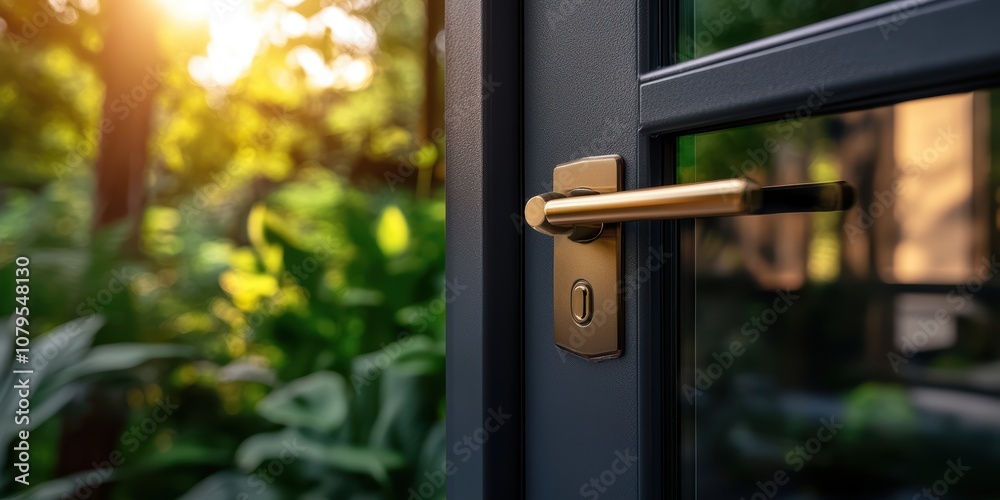 Closeup view of open aluminum door frame handle in lush garden setting at sunset Closeup view of open aluminum door frame handle in lush garden setting at sunset